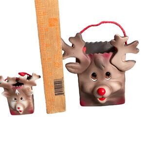Ceramic Reindeer Paper Bag Mold Set of 2 Vintage Scioto Christmas Sack SOME WEAR